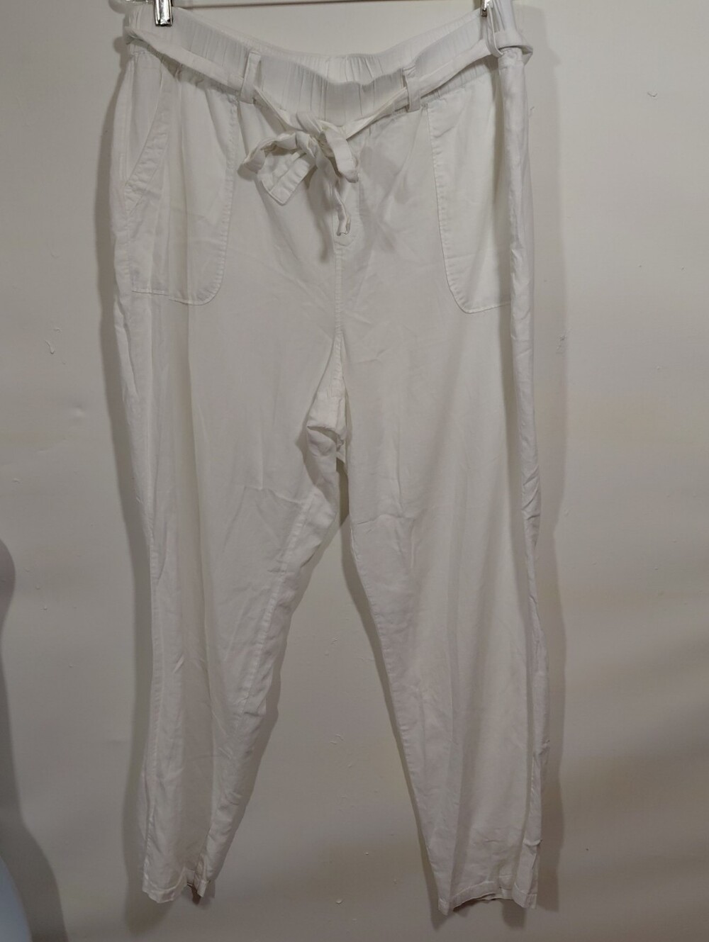 Soho Straight Leg Pants in White Linen Blend Elastic Waist Pockets Belt Size XL